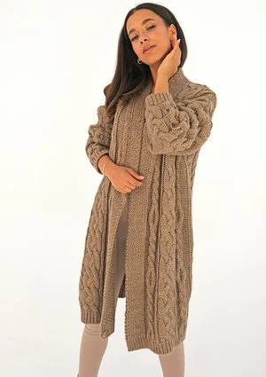 Long plaited cacao brown cardigan