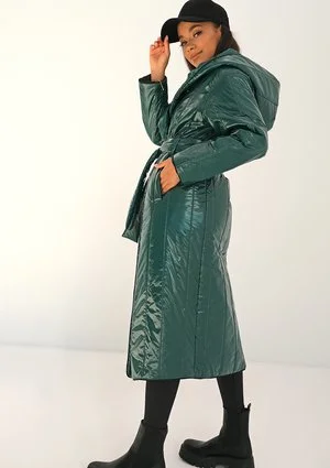 Pikowany płaszcz wiązany w talii Zielony ILM
