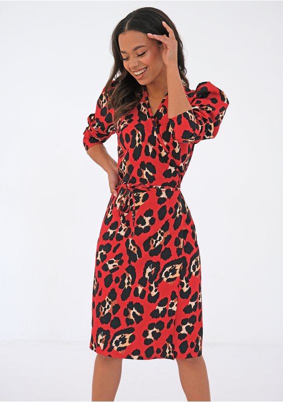 Midi red wrap dress with a leopard print