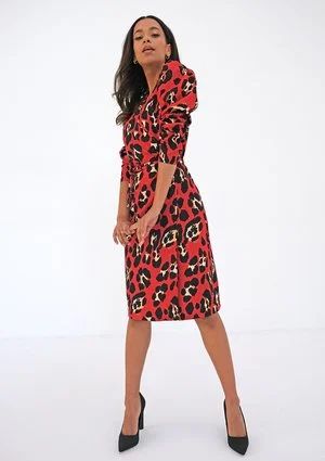 Midi red wrap dress with a leopard print