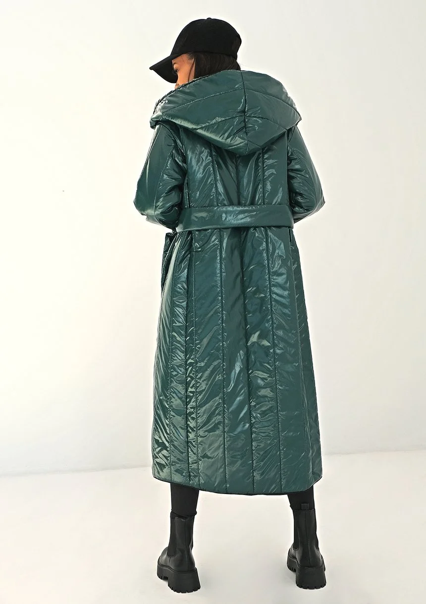 Pikowany płaszcz wiązany w talii Zielony ILM