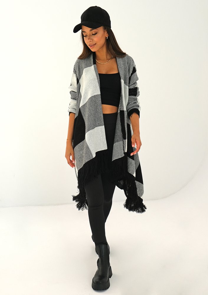 Long black checked cardigan