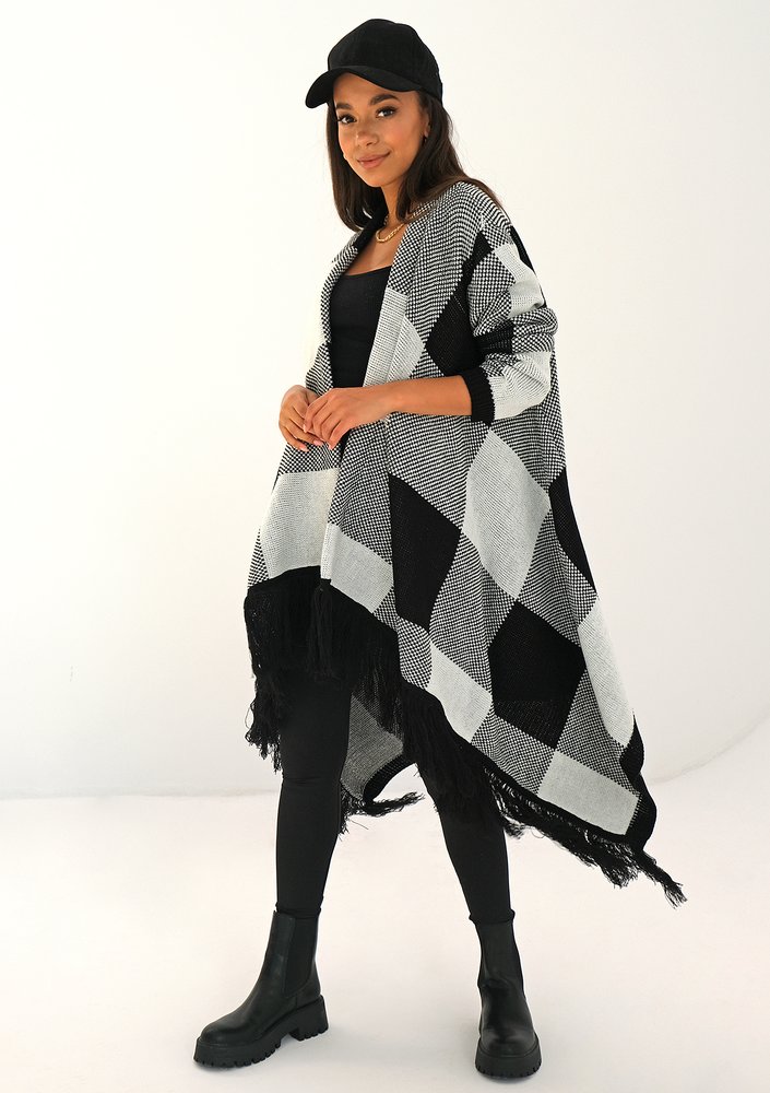 Long black checked cardigan