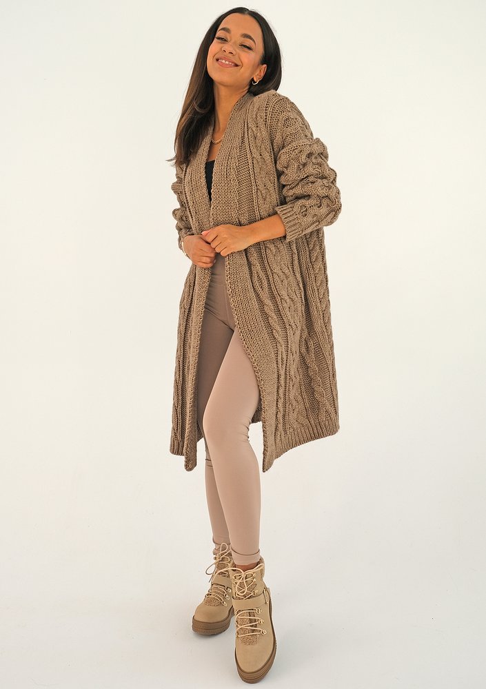 Long plaited cacao brown cardigan