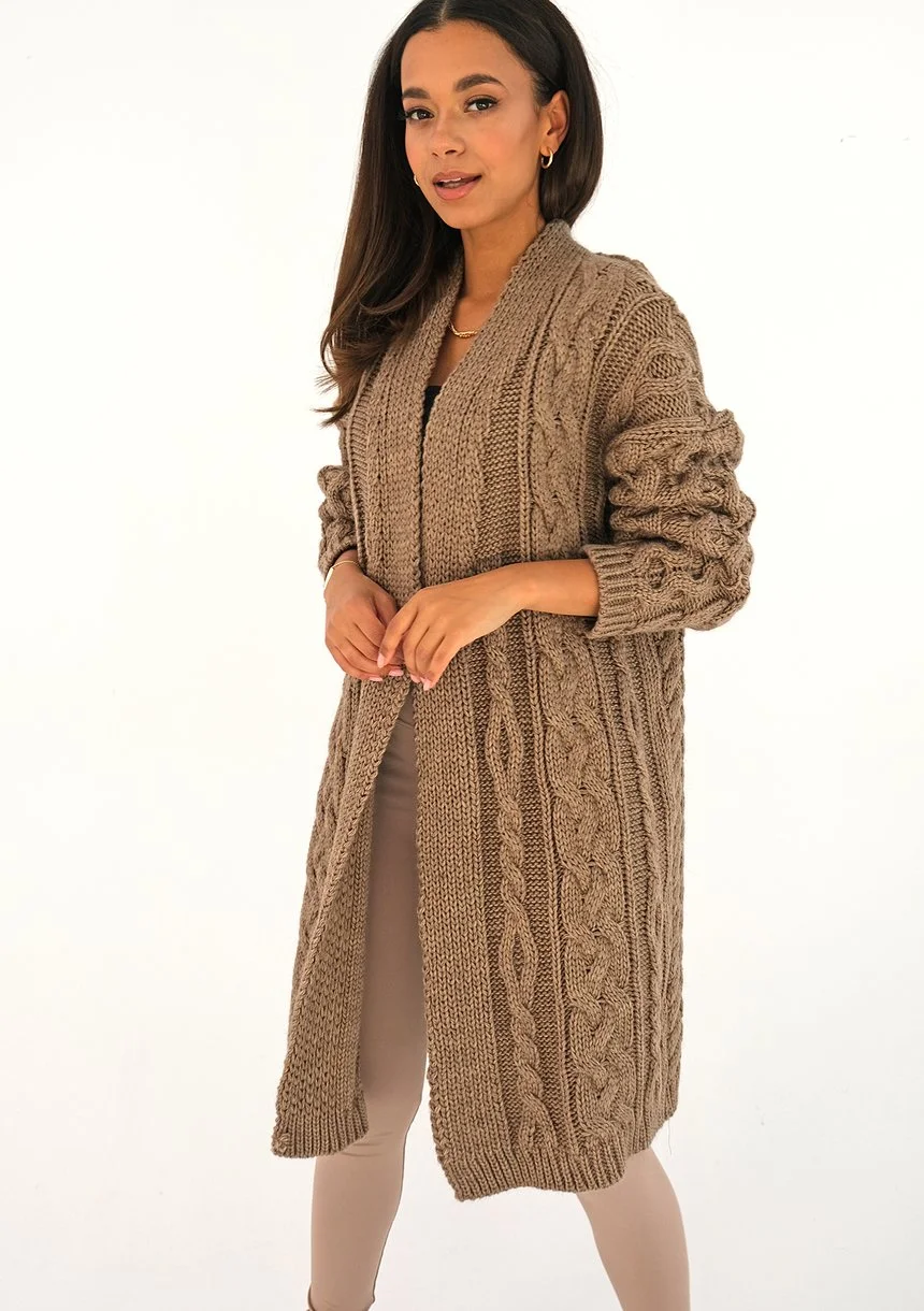 Long plaited cacao brown cardigan