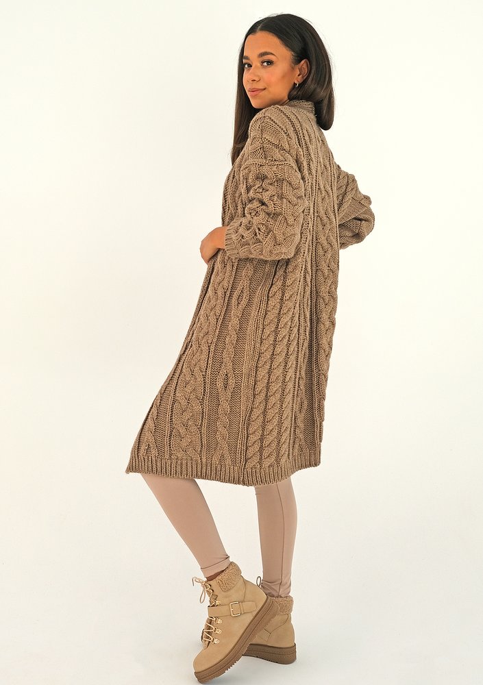 Long plaited cacao brown cardigan
