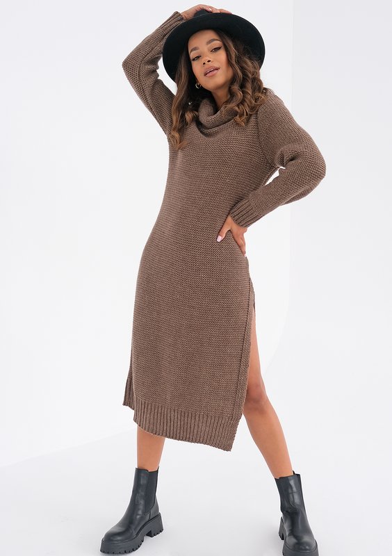 Długa sukienka z rozporkiem Brązowa ILM