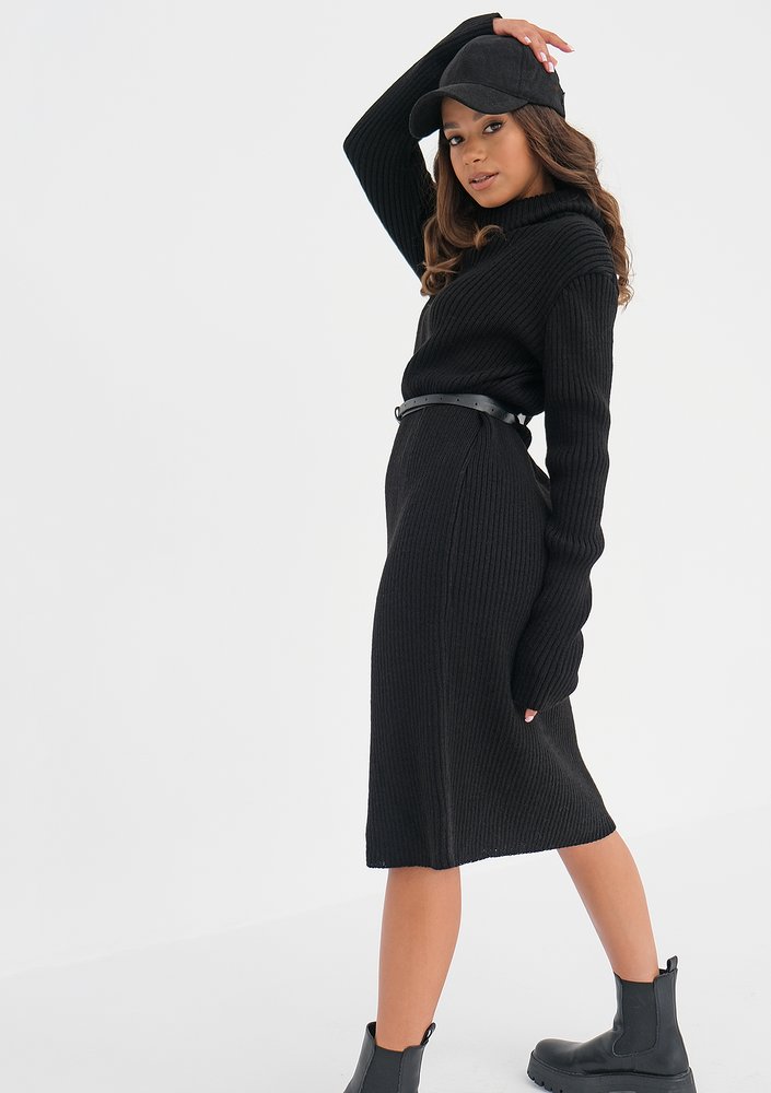 Midi black knitted turtleneck dress