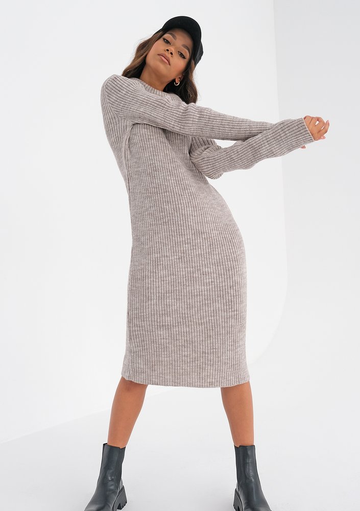 Midi beige knitted turtleneck dress
