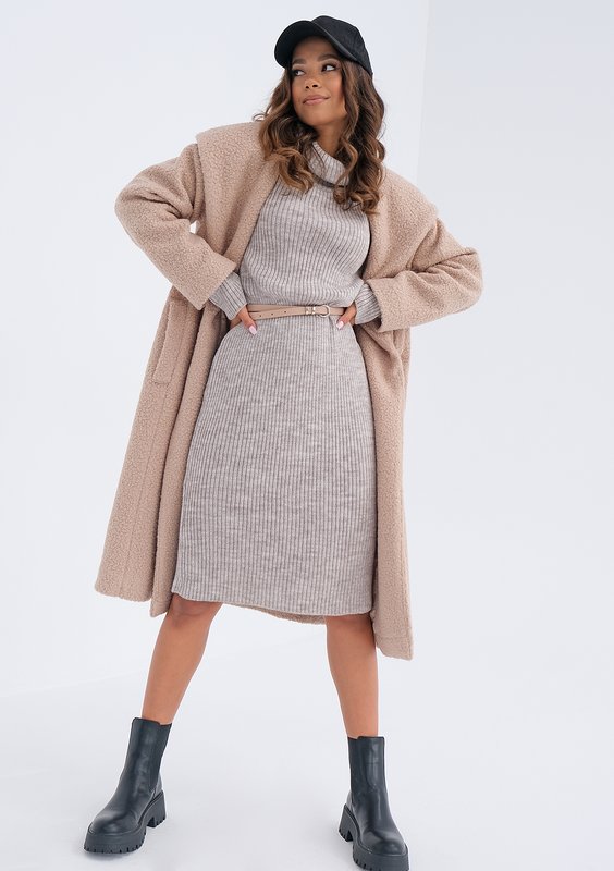 Midi beige knitted turtleneck dress