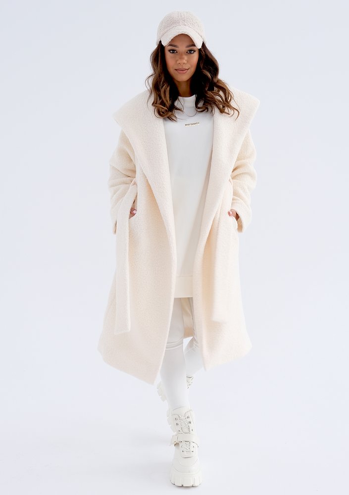 Vanilla boucle coat with a hood