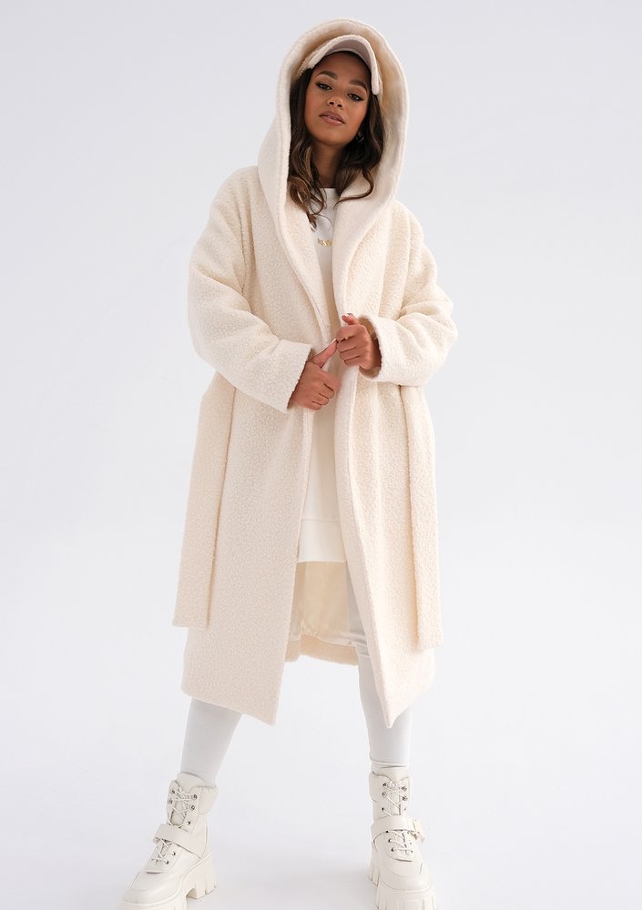 Vanilla boucle coat with a hood