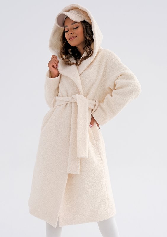 Vanilla boucle coat with a hood