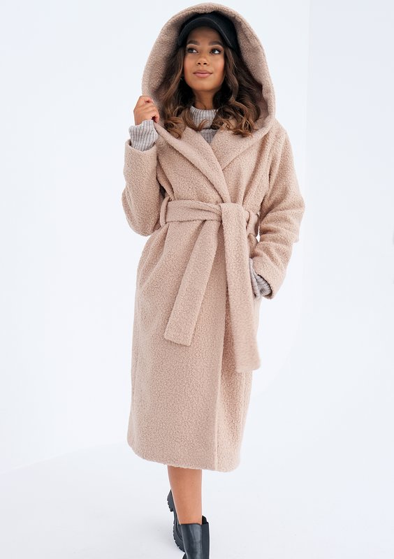 Nude boucle coat with a hood