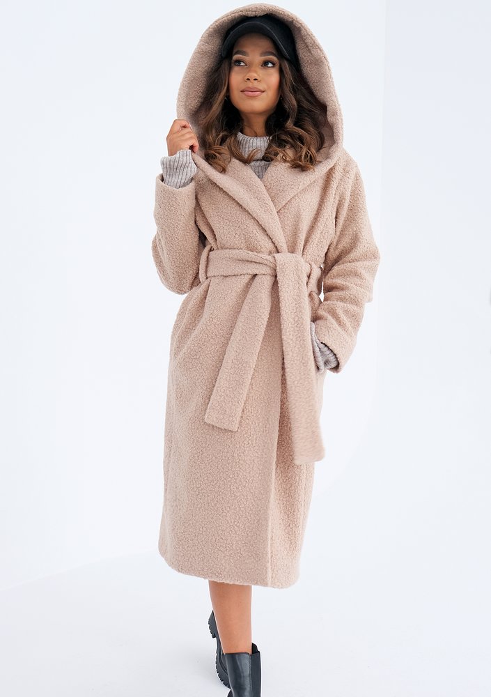 Nude boucle coat with a hood