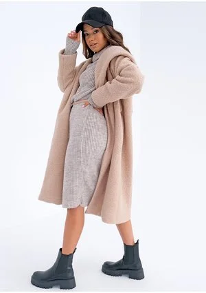 Nude boucle coat with a hood