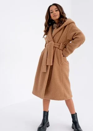 Camel boucle coat with a hood