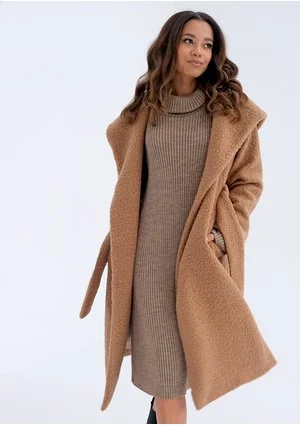 Camel boucle coat with a hood