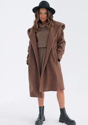 Brown boucle coat with a hood