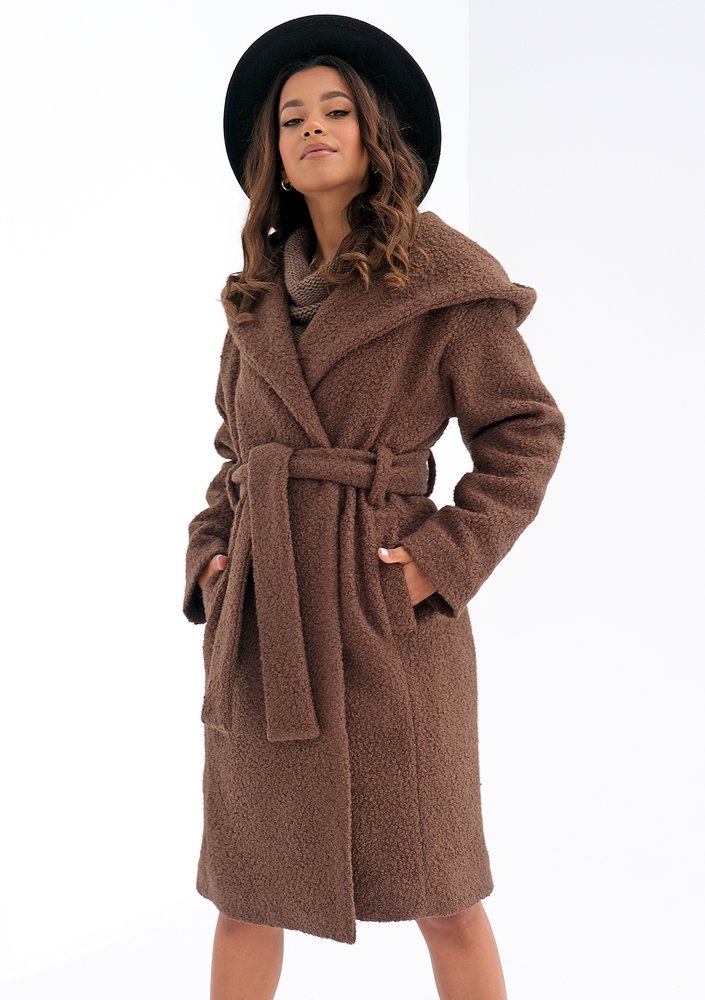 Brown boucle coat with a hood