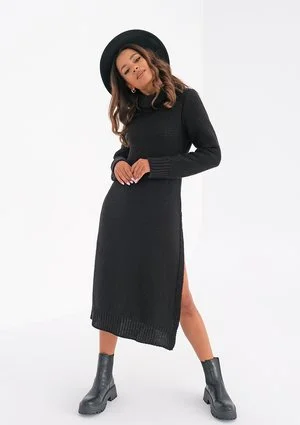 Długa sukienka z rozporkiem Czarna ILM