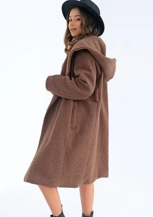 Brown boucle coat with a hood