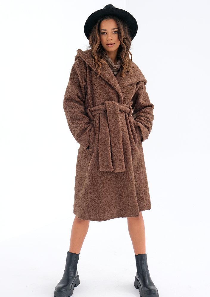 Brown boucle coat with a hood
