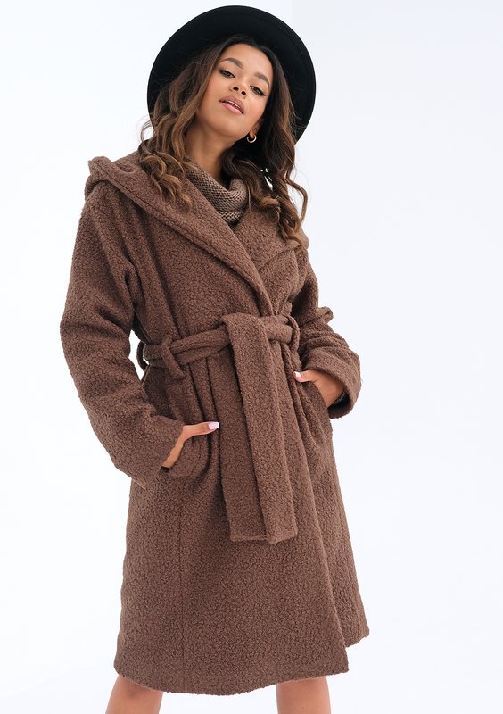 Brown boucle coat with a hood