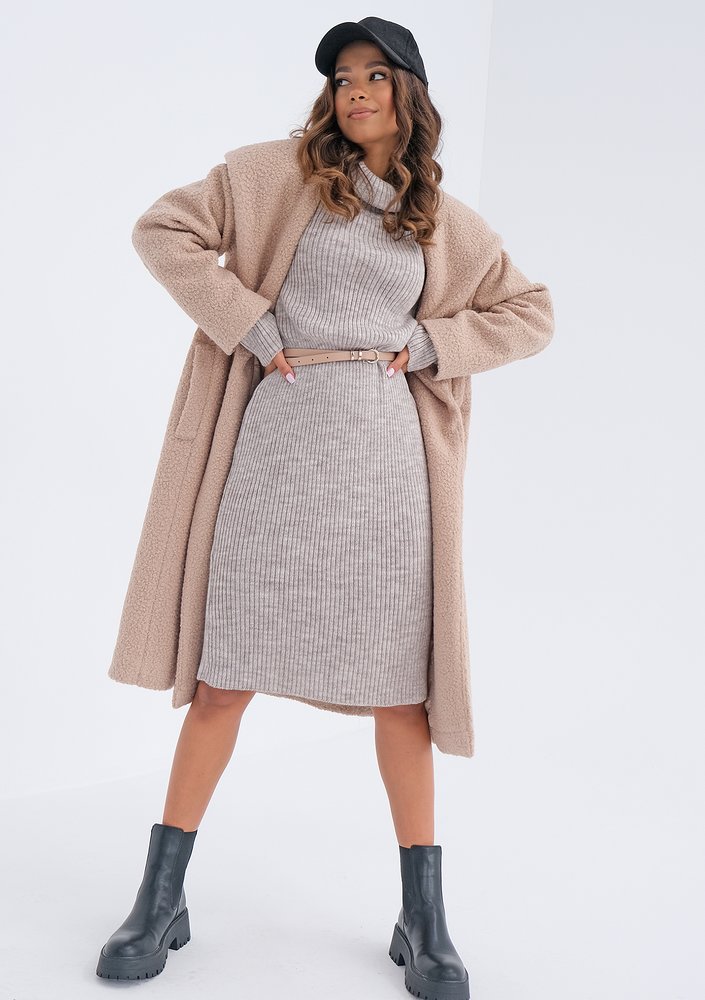 Nude boucle coat with a hood