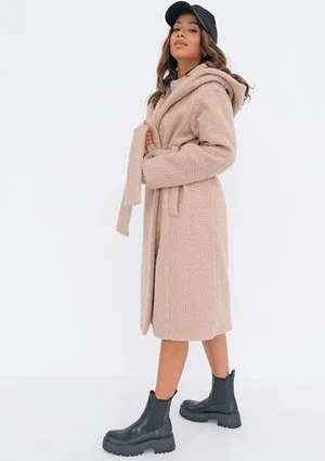 Nude boucle coat with a hood
