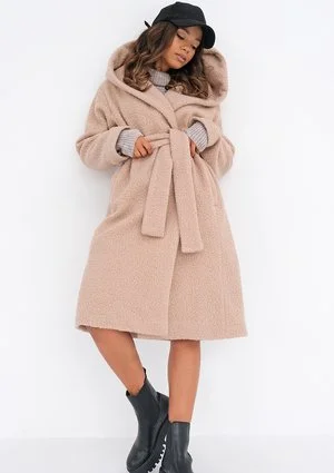 Nude boucle coat with a hood