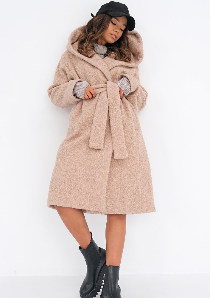 Nude boucle coat with a hood