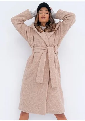 Nude boucle coat with a hood