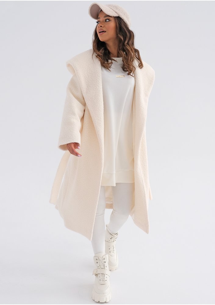 Vanilla boucle coat with a hood