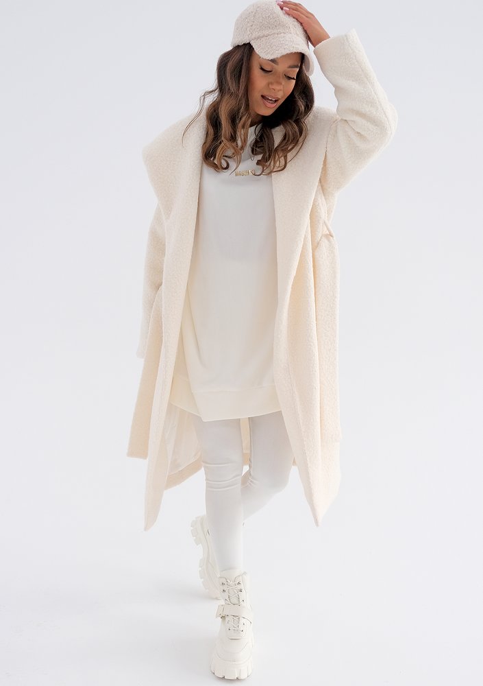 Vanilla boucle coat with a hood