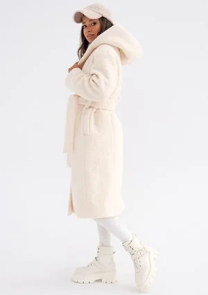 Vanilla boucle coat with a hood