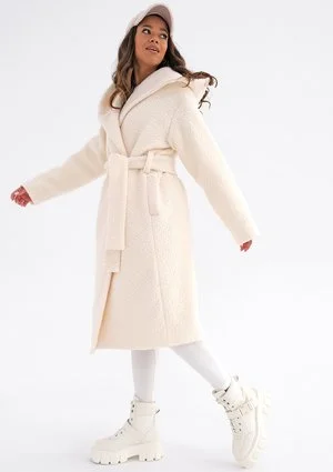 Vanilla boucle coat with a hood
