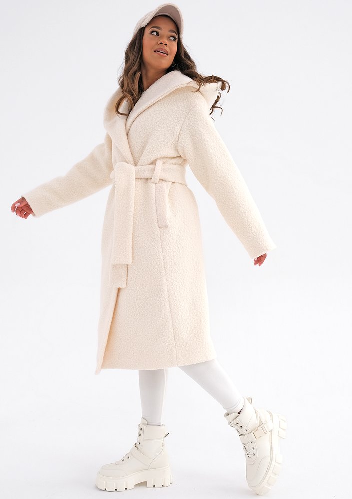 Vanilla boucle coat with a hood