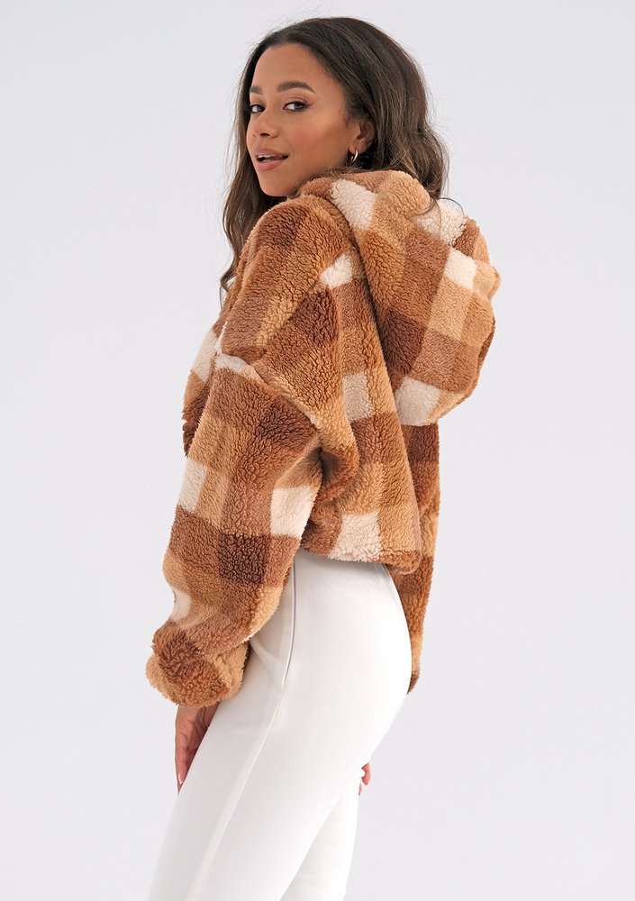 Brown checked boucle hoodie