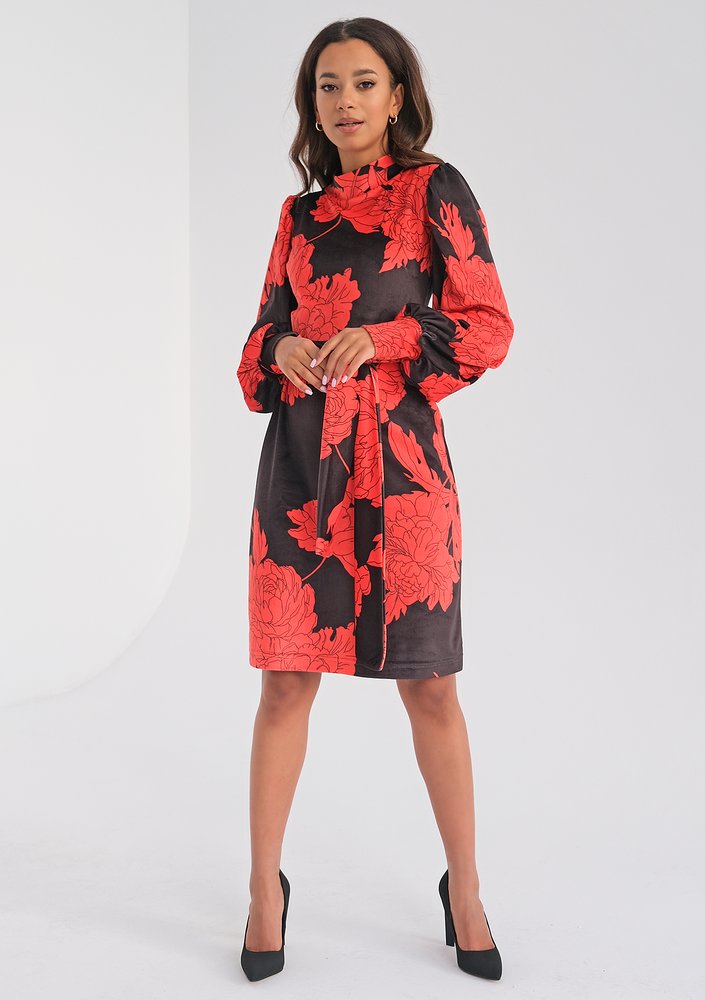 Sophie - red flowers printed velvet dress