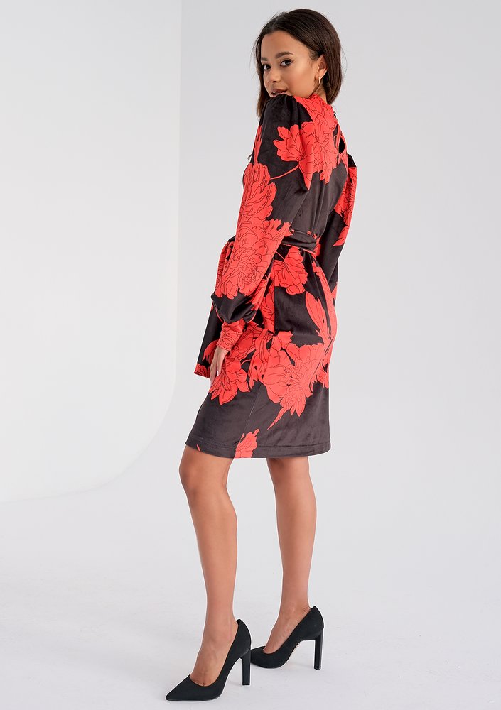 Sophie - red flowers printed velvet dress