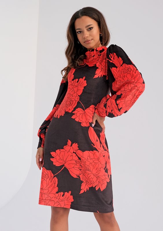 Sophie - red flowers printed velvet dress