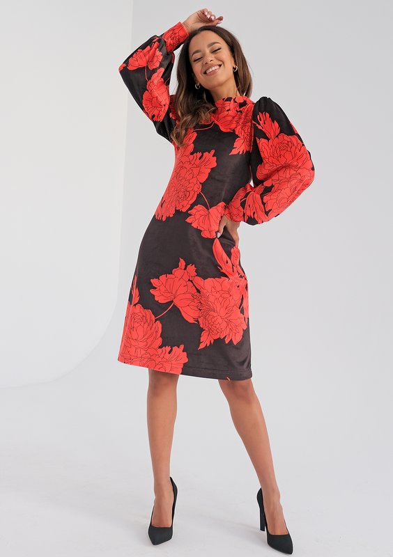 Sophie - red flowers printed velvet dress