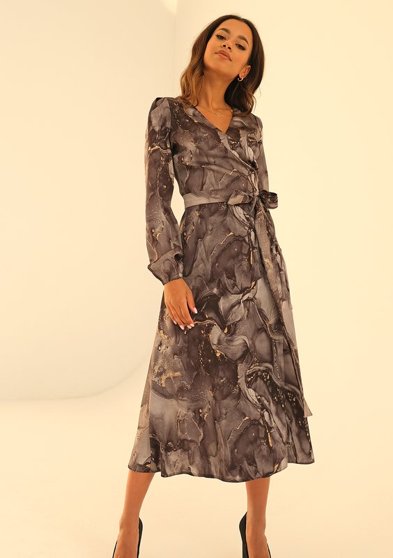 Alicia - dark marble printed midi wrap dress