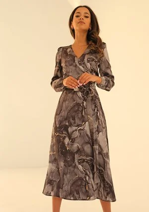 Alicia - dark marble printed midi wrap dress