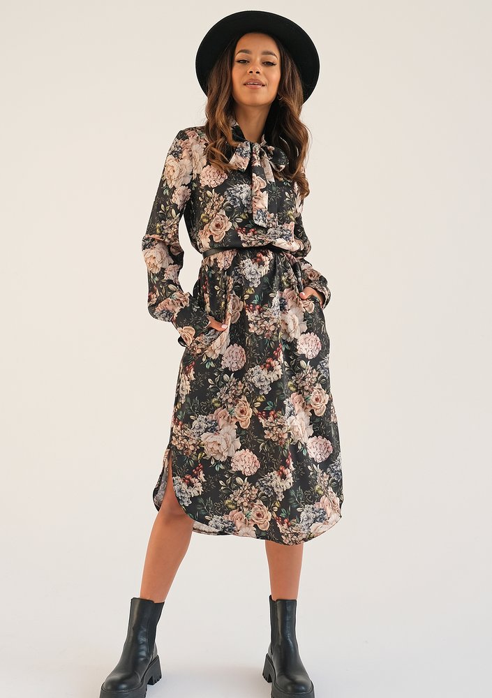 Margot - garden printed dress with a tied collar