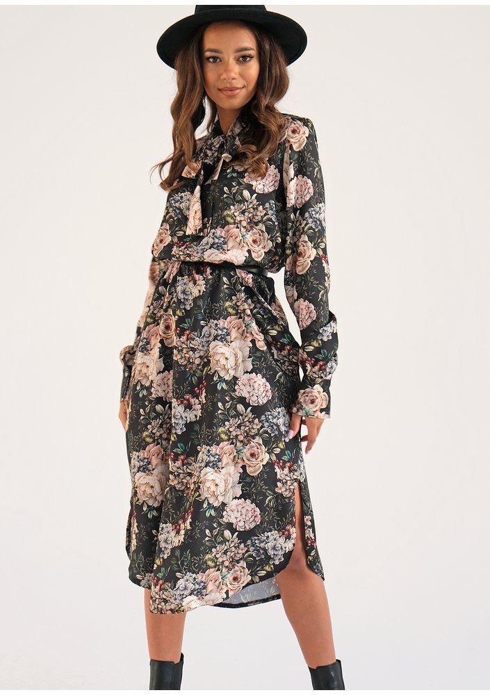 Margot - garden printed dress with a tied collar