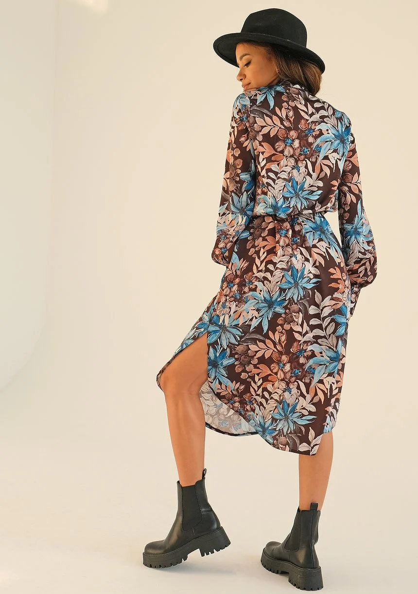 Margot - blue flower printed dress with a tied collar