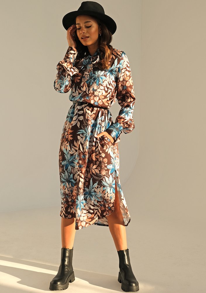 Margot - blue flower printed dress with a tied collar