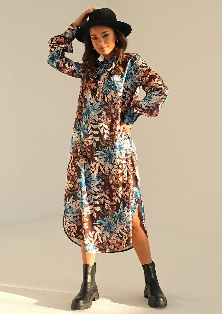 Margot - blue flower printed dress with a tied collar